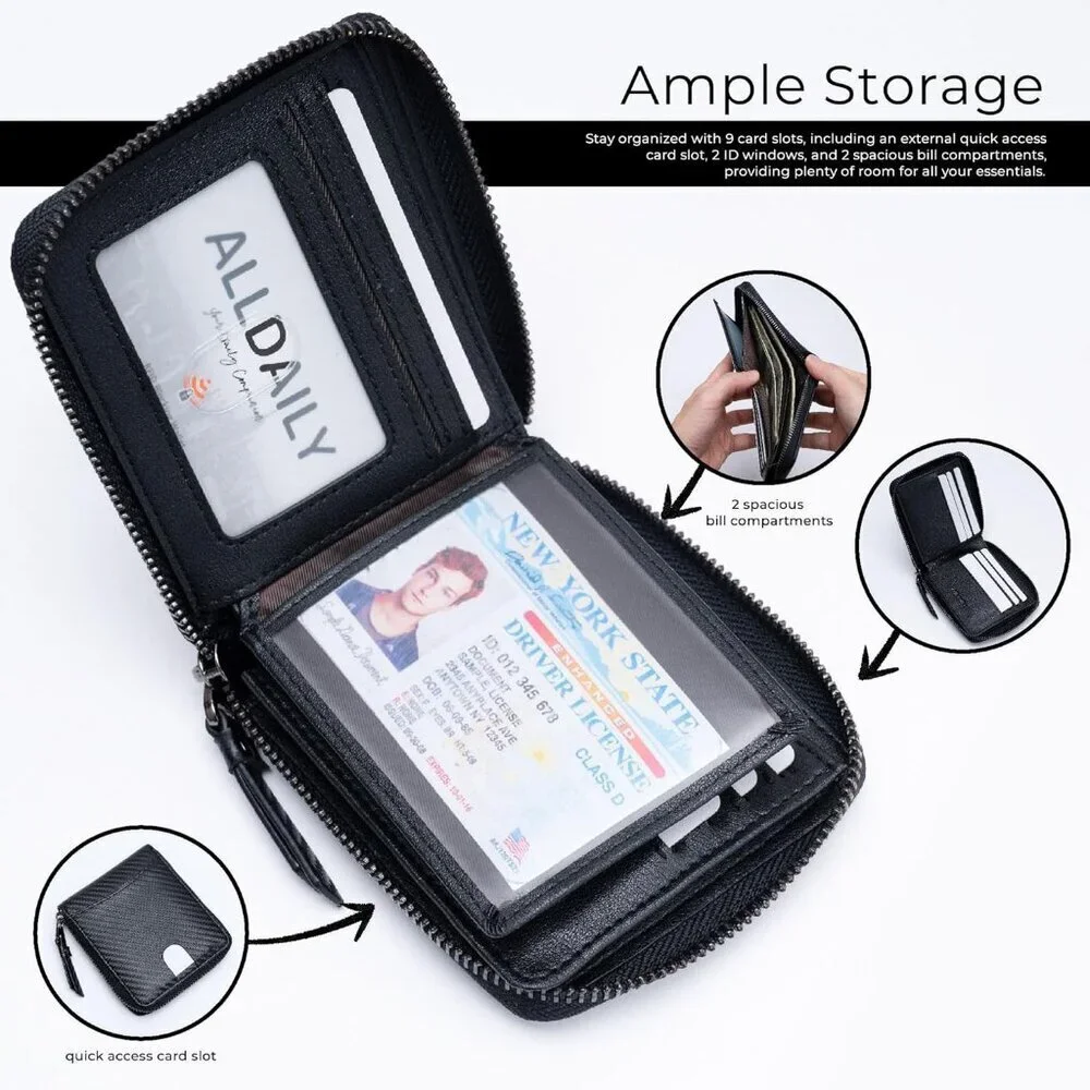 Men's Bifold Black Wallets Card Slot Secure Zipper Closure Holder Leather Style